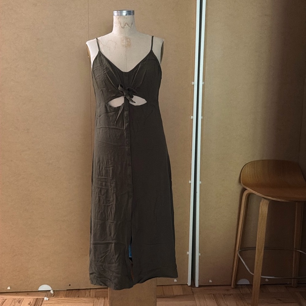 Topshop army adjustable strap midi dress with cut outs and button down front